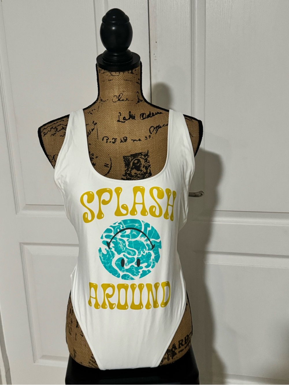 aerie White One-Piece Swimsuit with Turquoise Graphic and Yellow Text